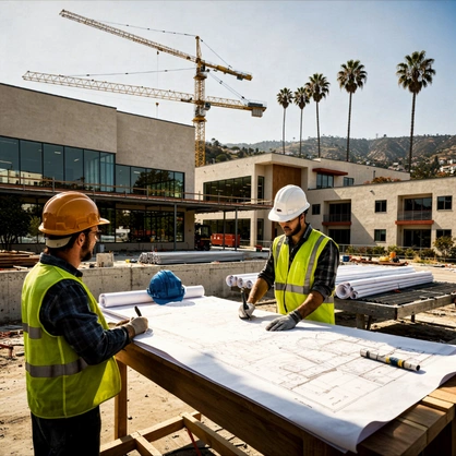 Construction team reviewing blueprints on site in Los Angeles by 5 Star Contractor LA