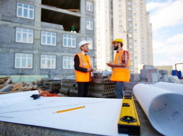 General contractor reviewing construction plans on job site in Los Angeles - 5 Star Contractor LA