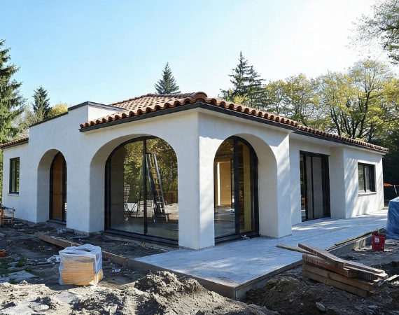 ADU construction in Los Angeles with modern stucco exterior, arched windows, and patio by 5 Star Contractor LA