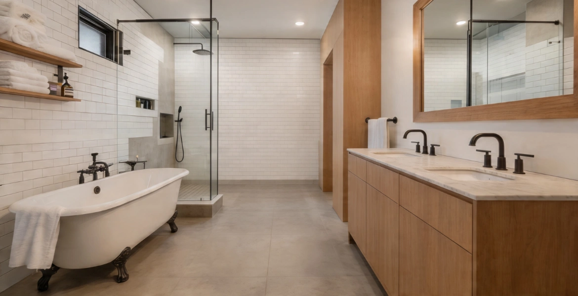 luxury bathroom remodel with tub and walk-in shower in Los Angeles by your adu guy