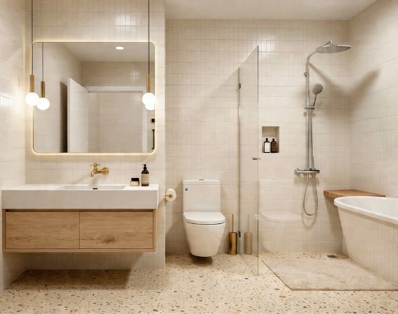 modern bathroom renovation with shower and vanity design in Los Angeles by your adu guy