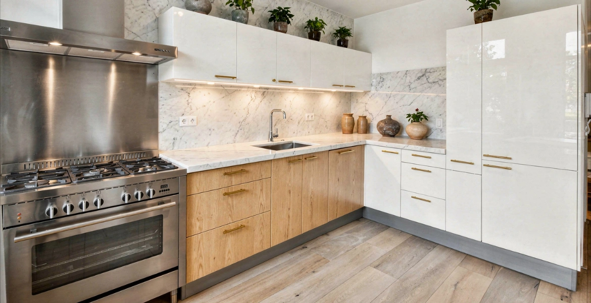 modern kitchen remodel with marble backsplash in Los Angeles by your adu guy